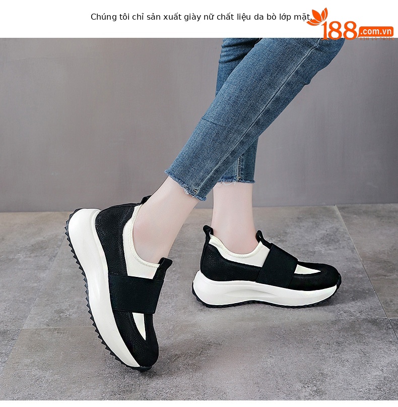 Giày sneaker nữ da bò đế dày cổ điển phong cách Agan — Đen trắng chi tiết 2