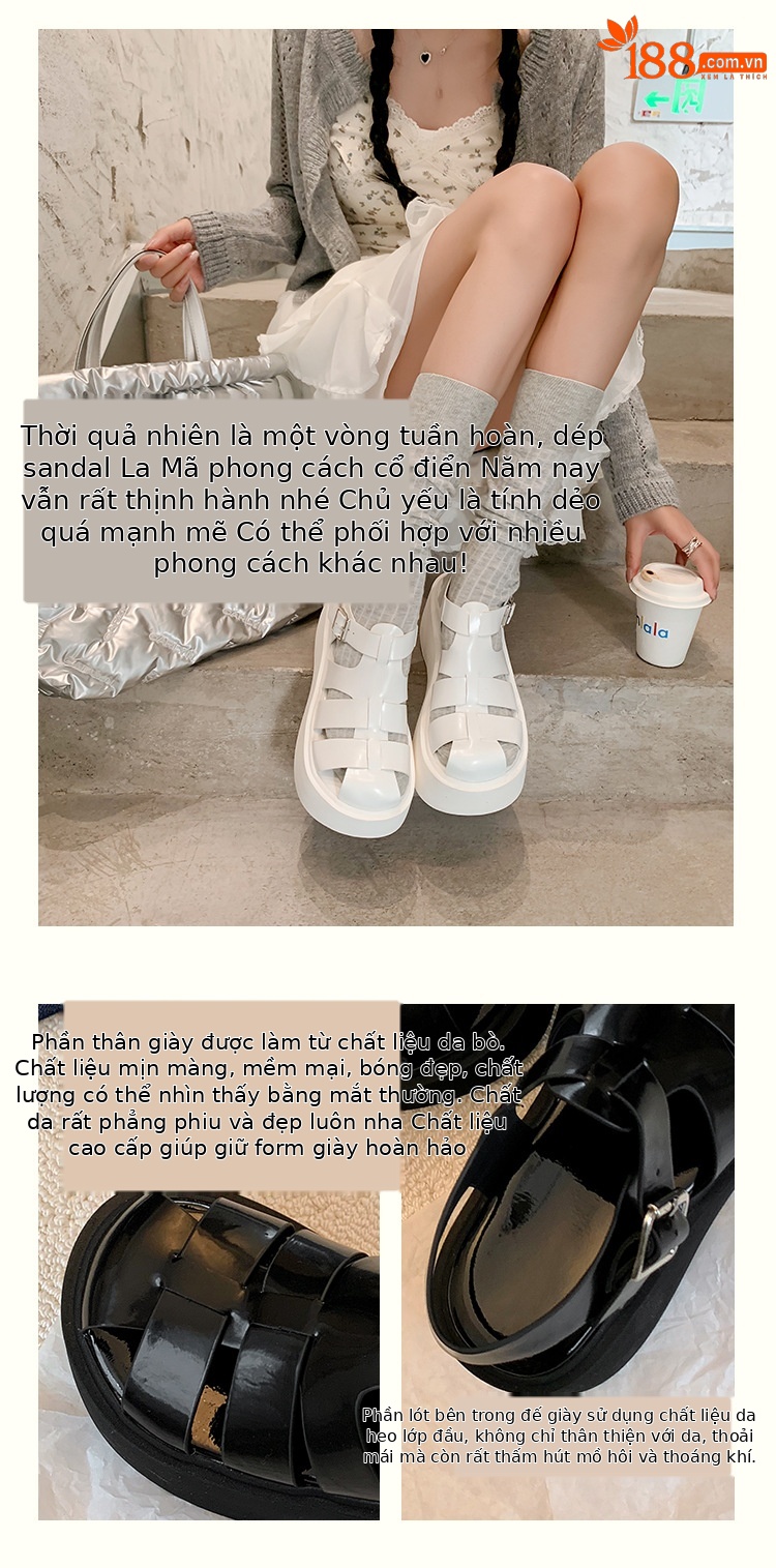Dép sandal nữ đế dày độn cao phong cách La Mã dệt lỗ rỗng mùa hè 2025 — Màu đen, Màu trắng chi tiết 3