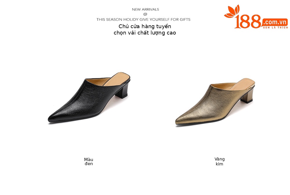 Dép mule nữ da cừu mũi nhọn cao gót 5 cm – sandal hè dáng suông — đen, vàng chi tiết 4