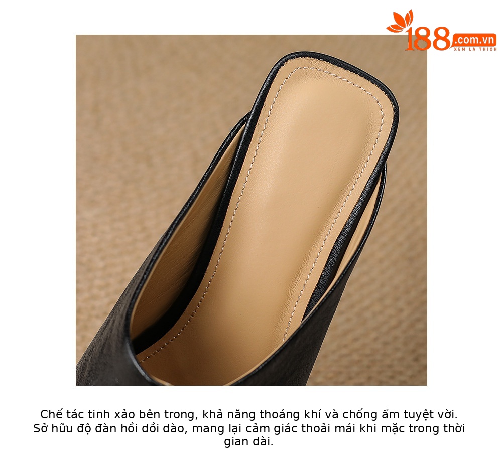 Dép mule nữ da cừu mũi nhọn cao gót 5 cm – sandal hè dáng suông — đen, vàng chi tiết 15