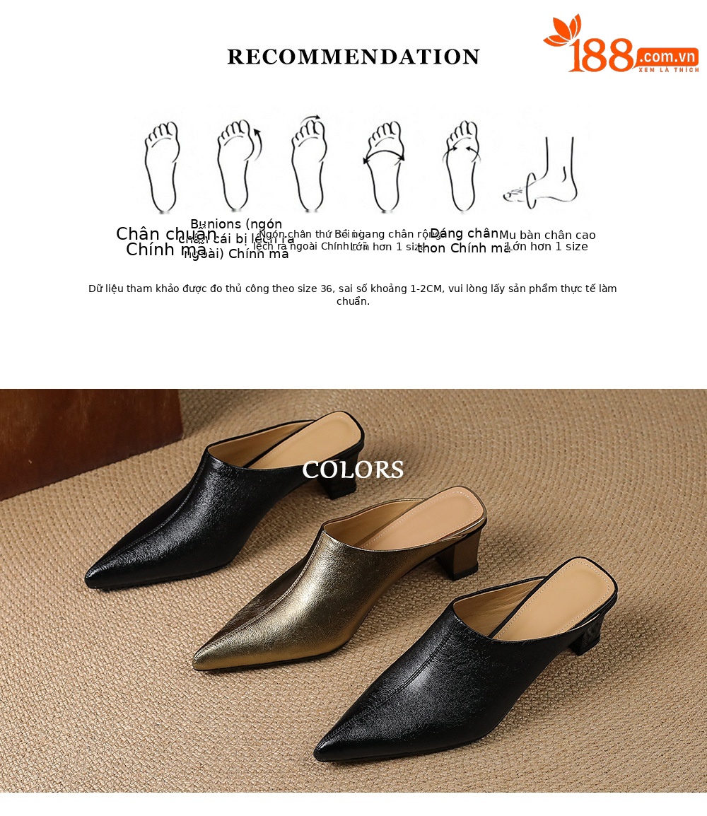 Dép mule nữ da cừu mũi nhọn cao gót 5 cm – sandal hè dáng suông — đen, vàng chi tiết 3