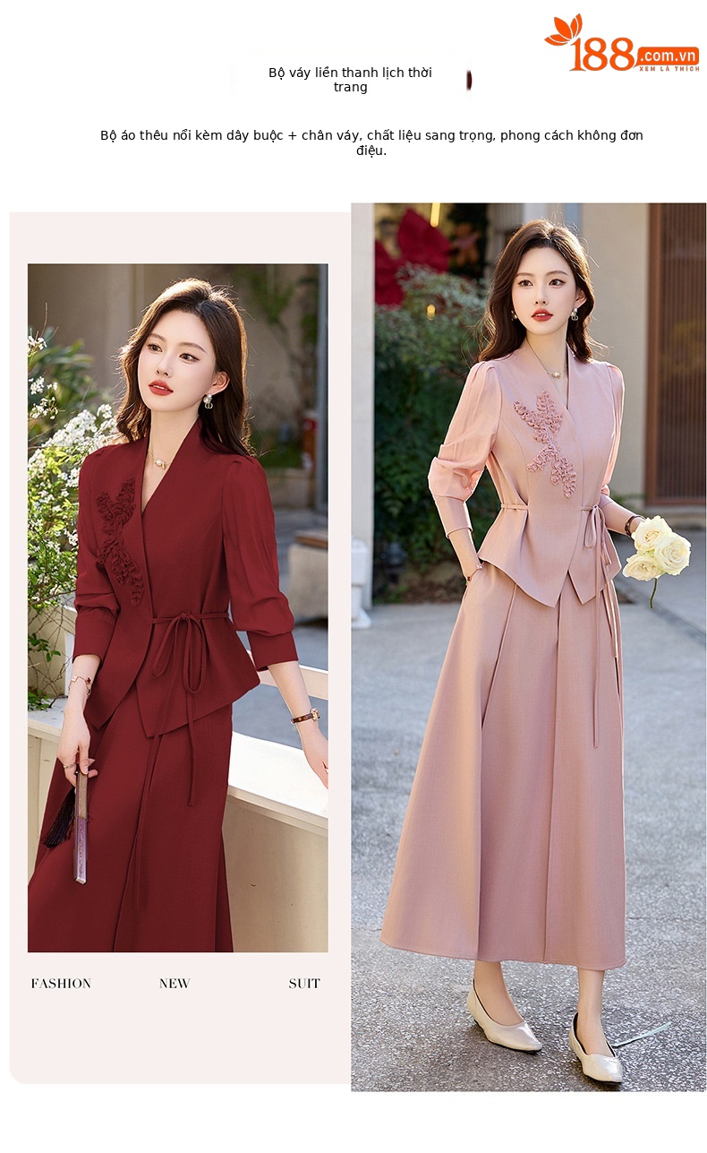 Bộ áo khoác thêu hoa nổi và chân váy midi hai mảnh mùa xuân hè 2025 JX2513 — Màu hồng, Màu đỏ chi tiết 4
