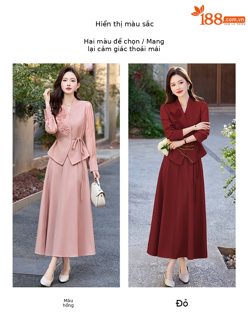 Bộ áo khoác thêu hoa nổi và chân váy midi hai mảnh mùa xuân hè 2025 JX2513 — Màu hồng, Màu đỏ chi tiết 7