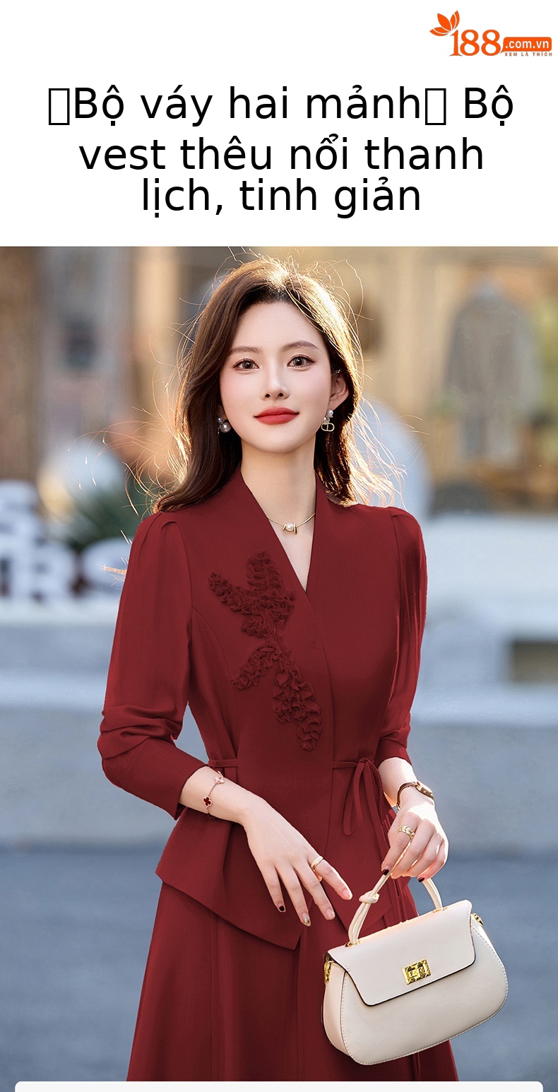 Bộ áo khoác thêu hoa nổi và chân váy midi hai mảnh mùa xuân hè 2025 JX2513 — Màu hồng, Màu đỏ chi tiết 8