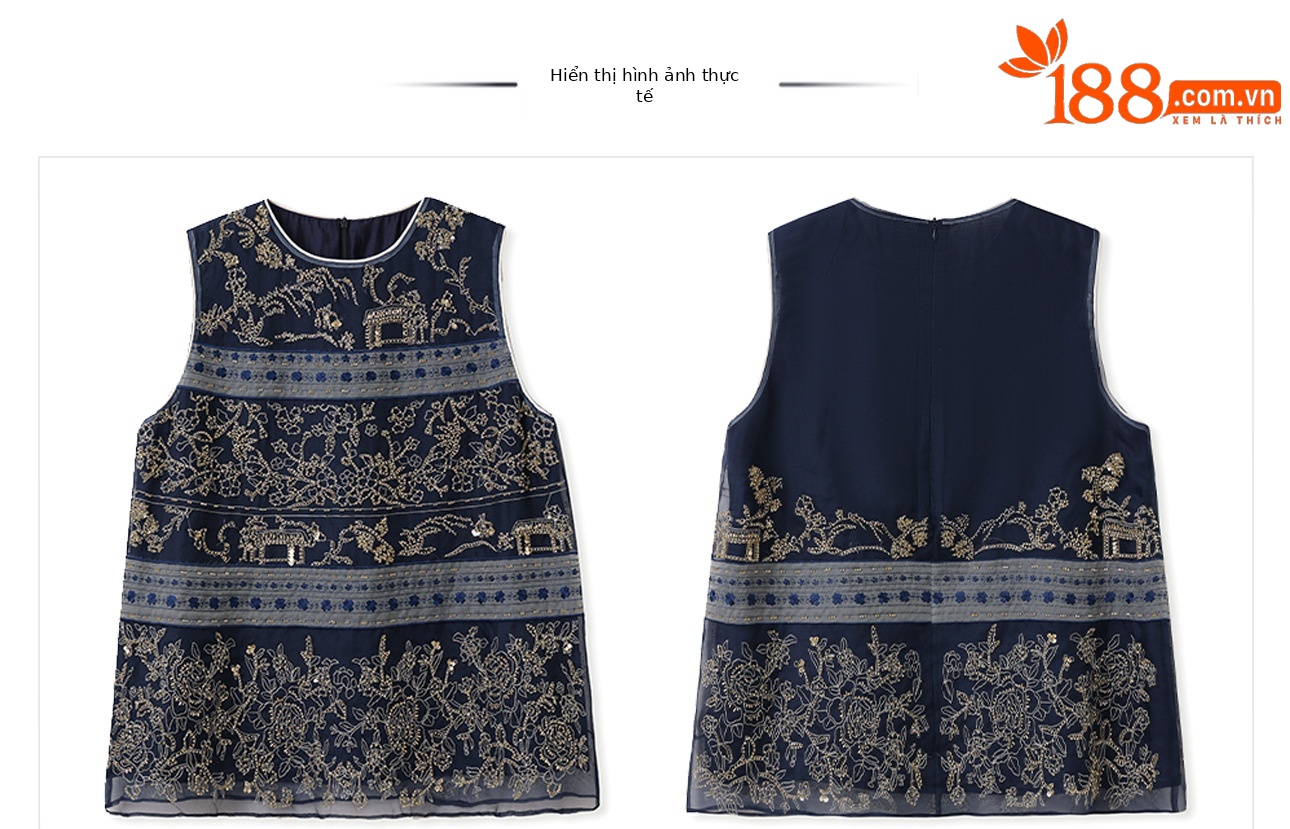 Áo vest gile nữ lụa tơ tằm cổ tròn thêu họa tiết quốc phong mùa hè — Màu xanh navy, Màu trắng be chi tiết 4