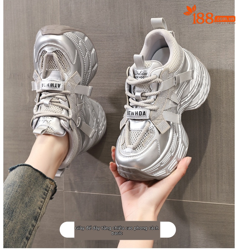Giày sneaker nữ đế dày rhinestone lưới thoáng khí — Màu be chi tiết 1