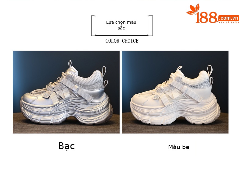 Giày sneaker nữ đế dày rhinestone lưới thoáng khí — Màu be chi tiết 2