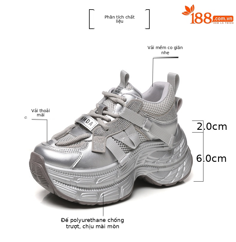 Giày sneaker nữ đế dày rhinestone lưới thoáng khí — Màu be chi tiết 3