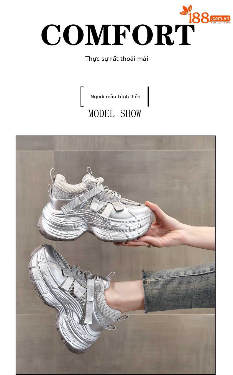 Giày sneaker nữ đế dày rhinestone lưới thoáng khí — Màu be chi tiết 11