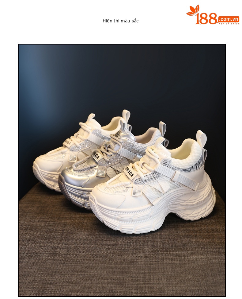 Giày sneaker nữ đế dày rhinestone lưới thoáng khí — Màu be chi tiết 18