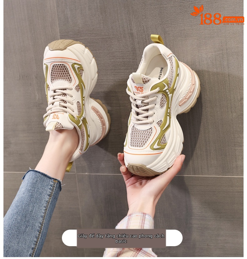 Giày sneaker nữ đế dày tăng chiều cao lưới thoáng khí — Màu trắng chi tiết 1