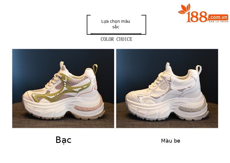 Giày sneaker nữ đế dày tăng chiều cao lưới thoáng khí — Màu trắng chi tiết 2