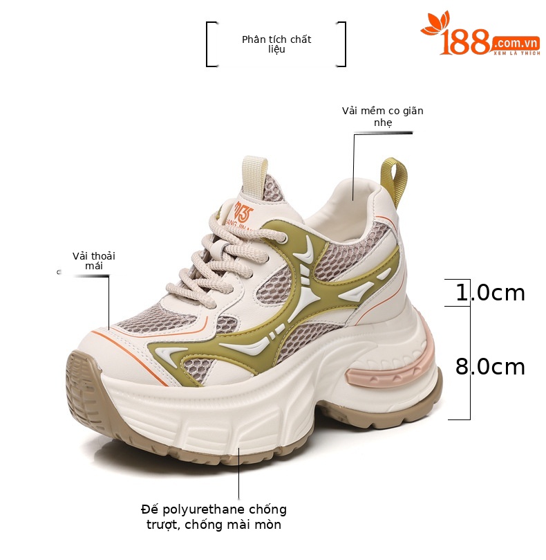 Giày sneaker nữ đế dày tăng chiều cao lưới thoáng khí — Màu trắng chi tiết 3