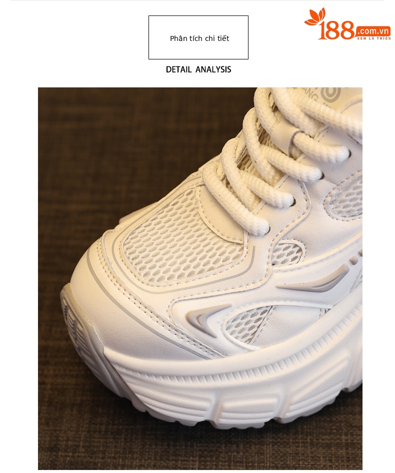 Giày sneaker nữ đế dày tăng chiều cao lưới thoáng khí — Màu trắng chi tiết 7