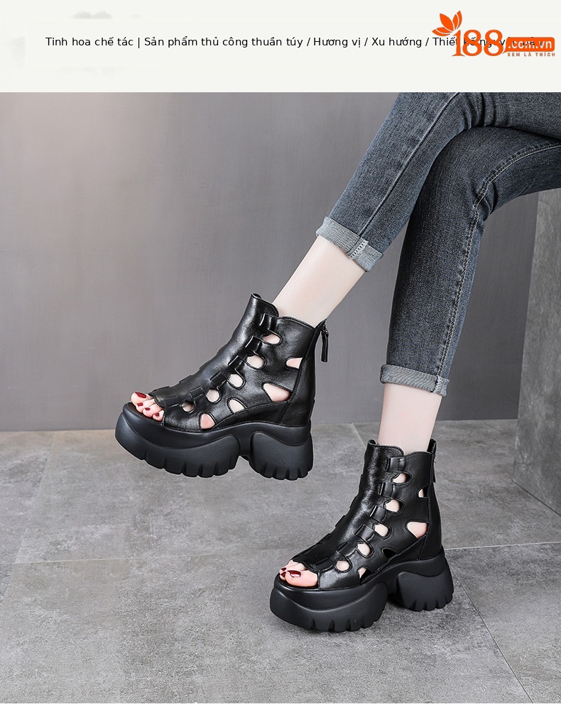 Sandal cao gót nữ hở mũi đế dày gót 9 cm da thật phong cách La Mã — Màu đen chi tiết 1