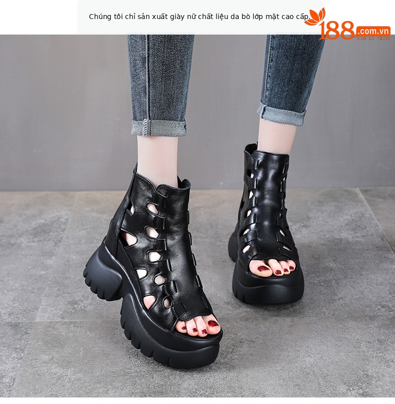 Sandal cao gót nữ hở mũi đế dày gót 9 cm da thật phong cách La Mã — Màu đen chi tiết 2