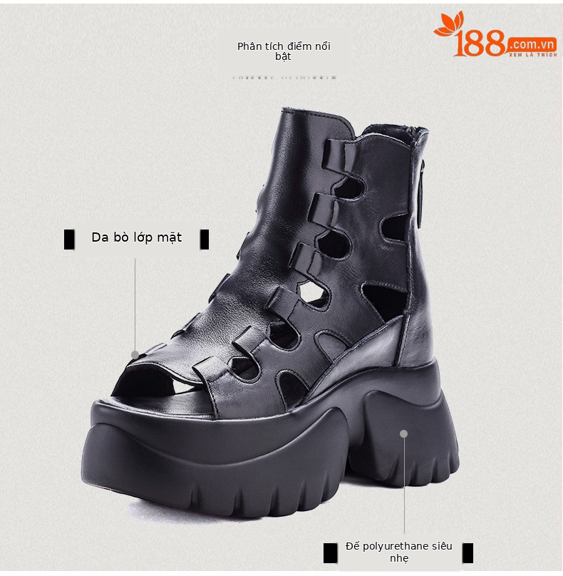 Sandal cao gót nữ hở mũi đế dày gót 9 cm da thật phong cách La Mã — Màu đen chi tiết 3
