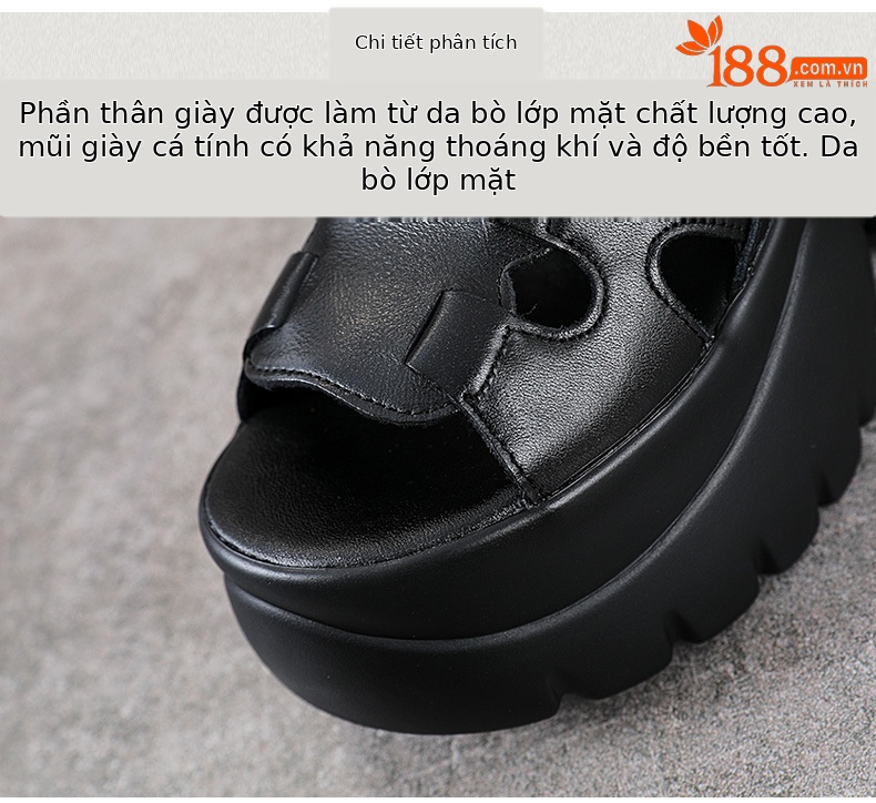 Sandal cao gót nữ hở mũi đế dày gót 9 cm da thật phong cách La Mã — Màu đen chi tiết 4