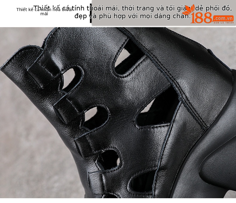 Sandal cao gót nữ hở mũi đế dày gót 9 cm da thật phong cách La Mã — Màu đen chi tiết 5