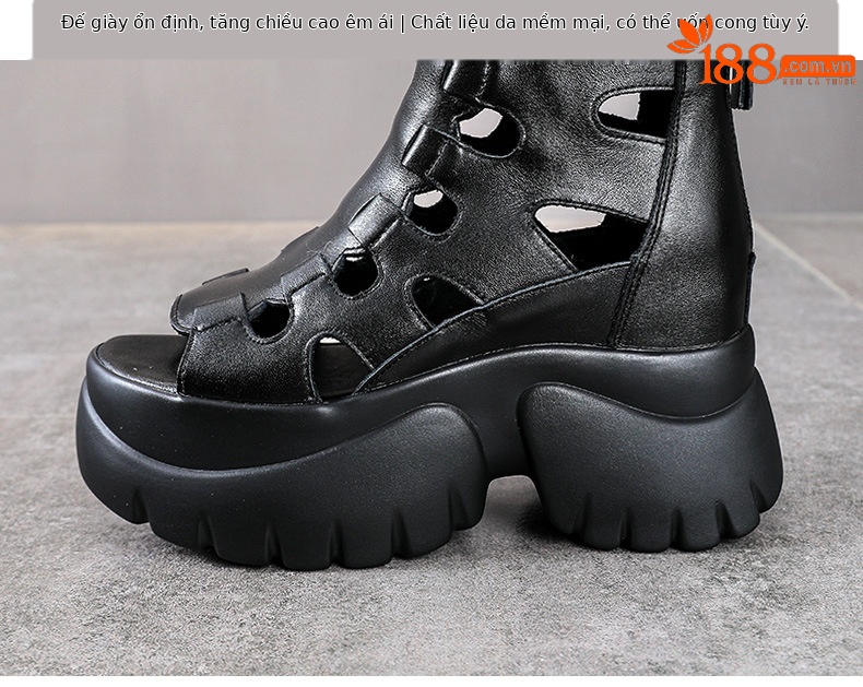 Sandal cao gót nữ hở mũi đế dày gót 9 cm da thật phong cách La Mã — Màu đen chi tiết 8