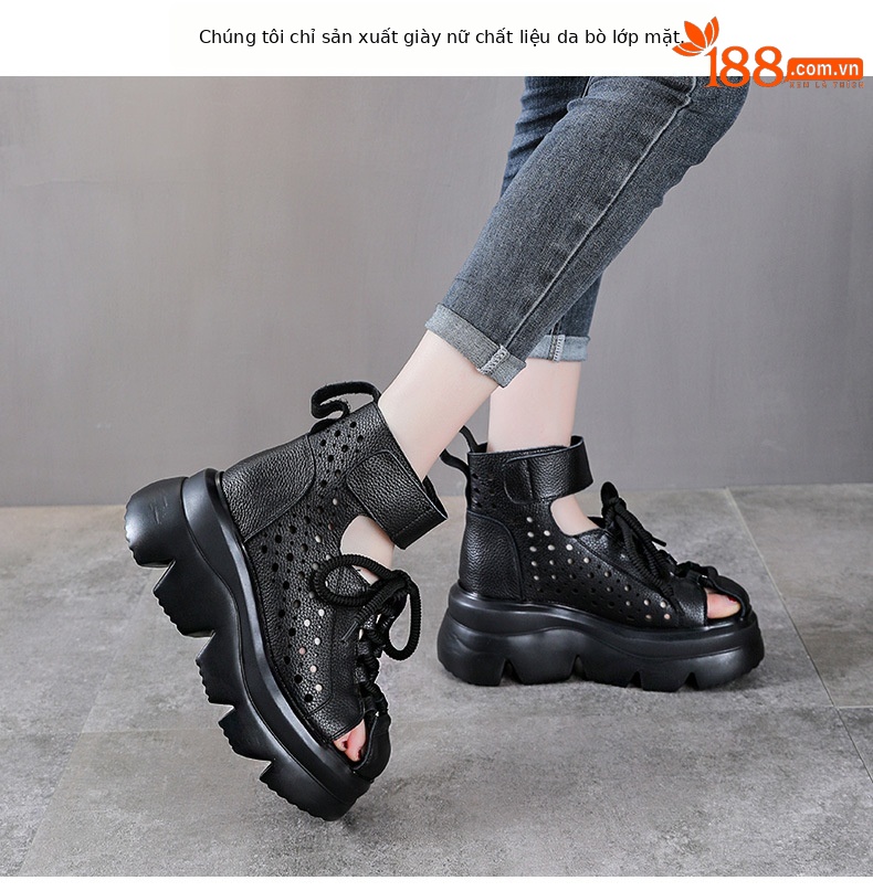 Bốt Martin da thật cổ ngắn đế dày lỗ rỗng kiểu La Mã — Màu đen chi tiết 2