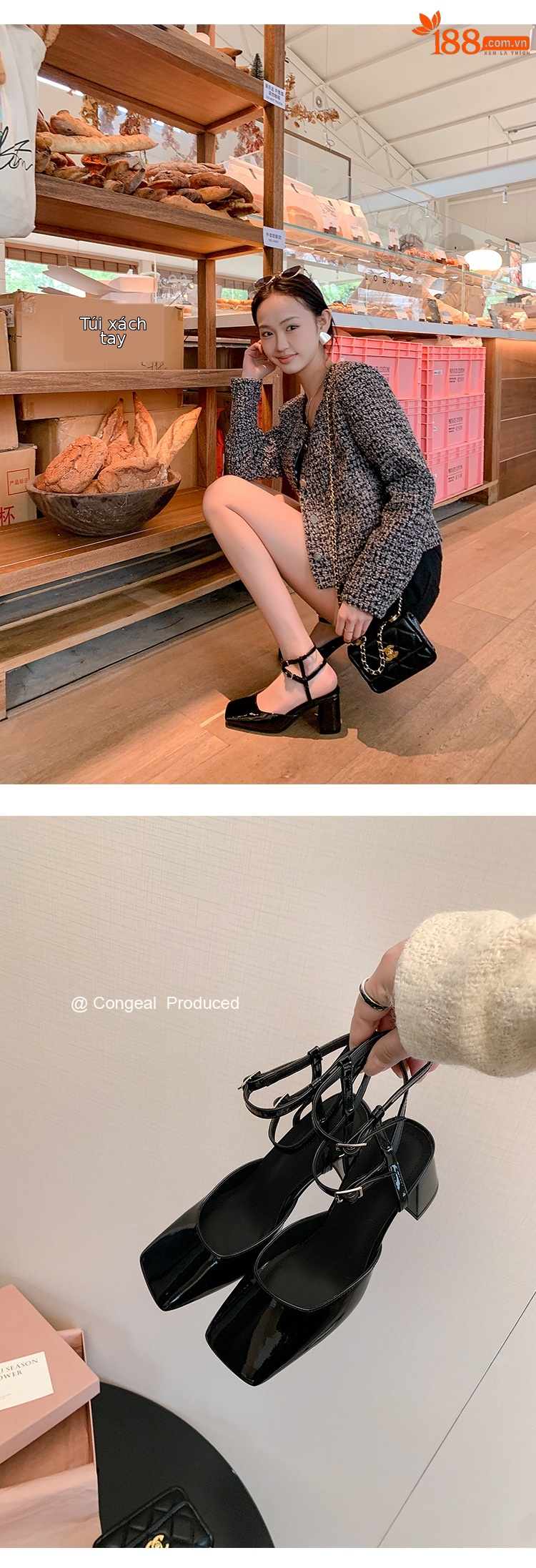 Giày sandal cao gót nữ mũi vuông bít mũi quai ngang gót thô da thật — Màu đen chi tiết 19