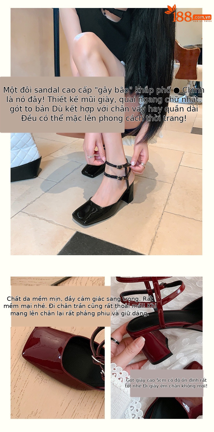 Giày sandal cao gót nữ mũi vuông bít mũi quai ngang gót thô da thật — Màu đen chi tiết 3
