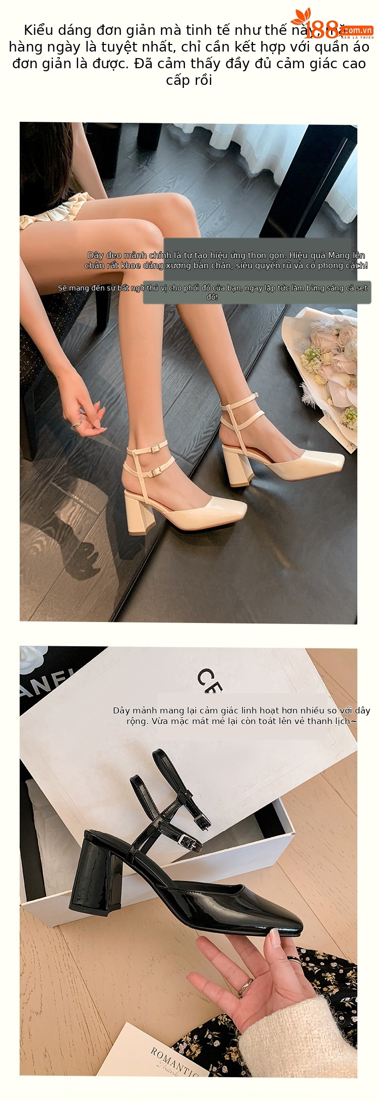 Giày sandal cao gót nữ mũi vuông bít mũi quai ngang gót thô da thật — Màu đen chi tiết 4
