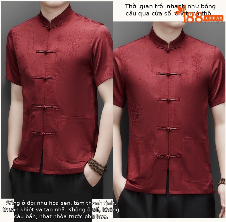 Áo sơ mi nam tay ngắn lụa tơ tằm phong cách Trung Quốc mùa hè — Màu đỏ MJ-9302 chi tiết 7