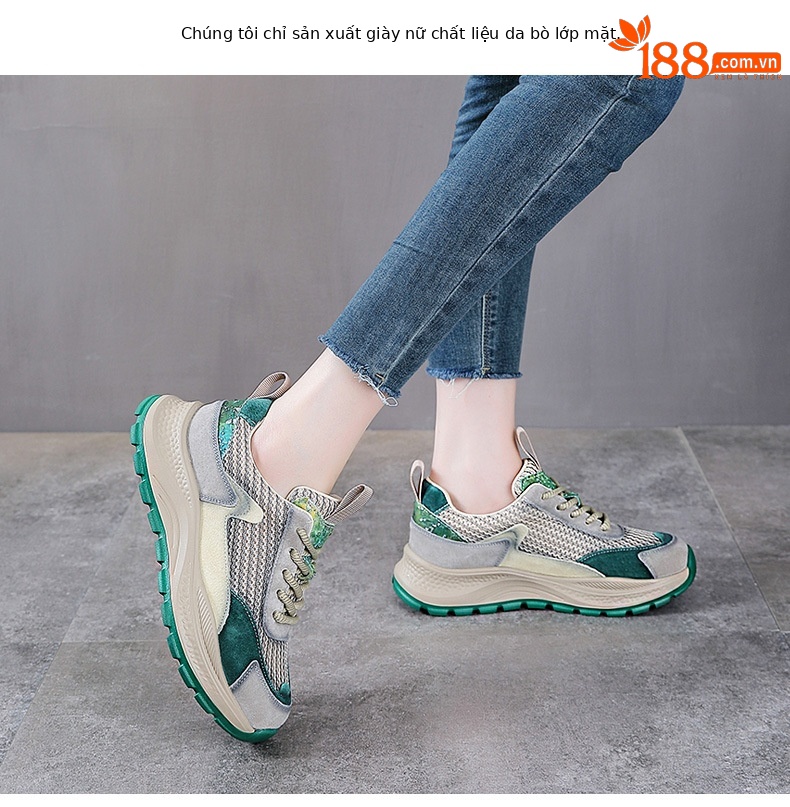 Giày sneaker chunky nữ đế dày phối màu da bò lưới thoáng khí — Màu xanh lục xám chi tiết 2