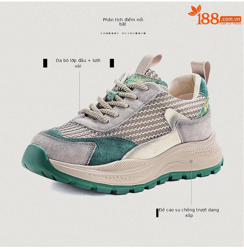 Giày sneaker chunky nữ đế dày phối màu da bò lưới thoáng khí — Màu xanh lục xám chi tiết 3