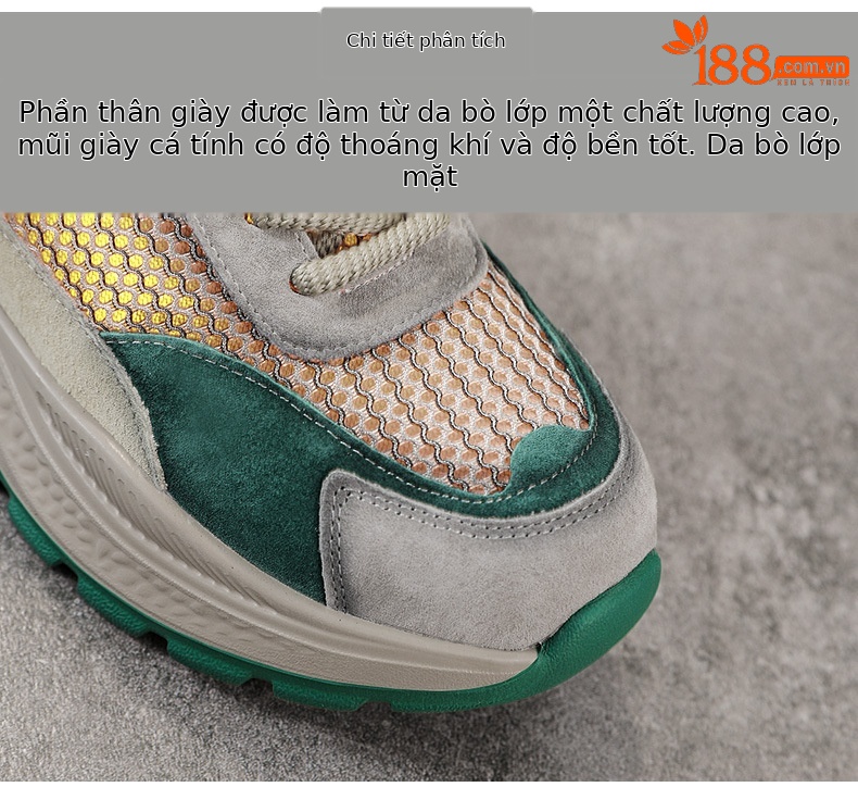 Giày sneaker chunky nữ đế dày phối màu da bò lưới thoáng khí — Màu xanh lục xám chi tiết 4