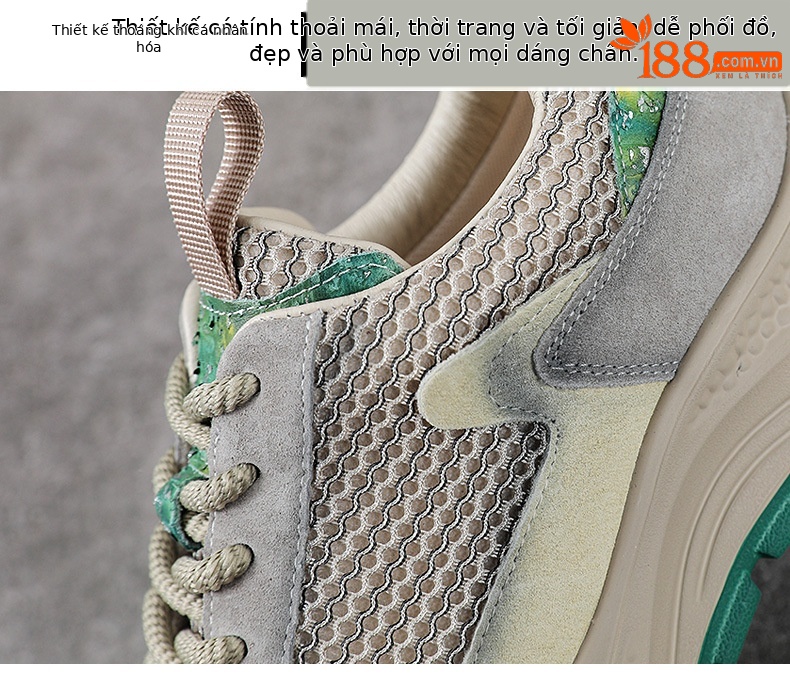 Giày sneaker chunky nữ đế dày phối màu da bò lưới thoáng khí — Màu xanh lục xám chi tiết 5