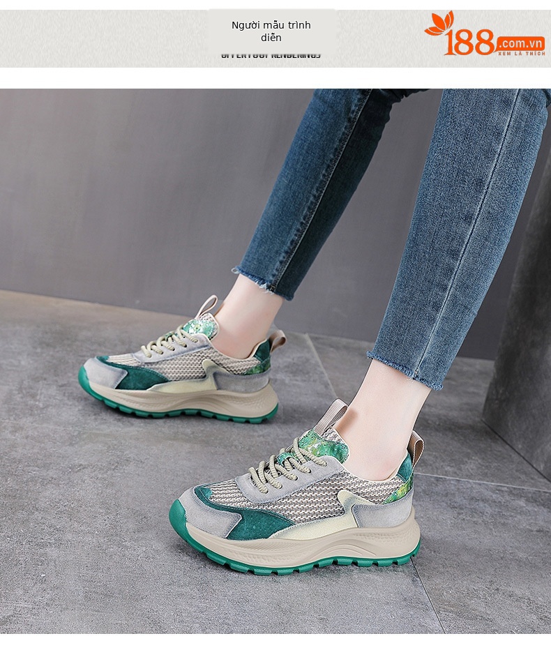 Giày sneaker chunky nữ đế dày phối màu da bò lưới thoáng khí — Màu xanh lục xám chi tiết 9