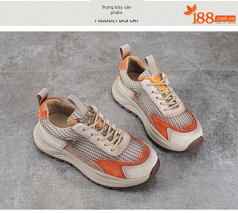 Giày sneaker chunky nữ đế dày phối màu da bò lưới thoáng khí — Màu xanh lục xám chi tiết 10