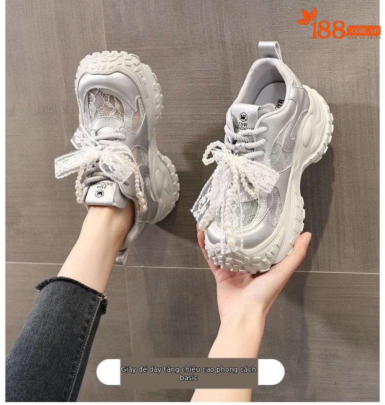 Giày sneaker nữ đế dày tăng chiều cao, phối ngọc trai và nơ, phong cách bánh xốp — Màu be chi tiết 1