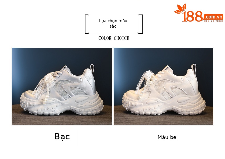Giày sneaker nữ đế dày tăng chiều cao, phối ngọc trai và nơ, phong cách bánh xốp — Màu be chi tiết 2