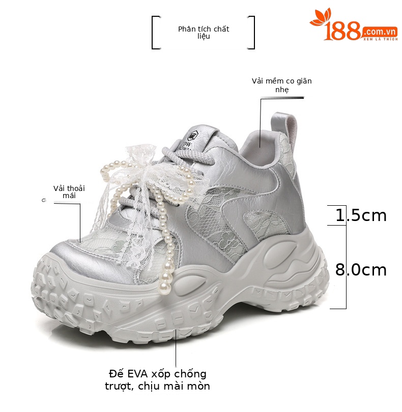 Giày sneaker nữ đế dày tăng chiều cao, phối ngọc trai và nơ, phong cách bánh xốp — Màu be chi tiết 3