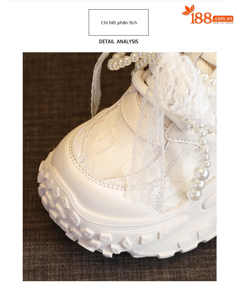 Giày sneaker nữ đế dày tăng chiều cao, phối ngọc trai và nơ, phong cách bánh xốp — Màu be chi tiết 7