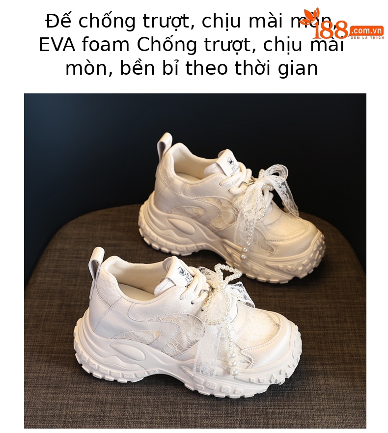 Giày sneaker nữ đế dày tăng chiều cao, phối ngọc trai và nơ, phong cách bánh xốp — Màu be chi tiết 10