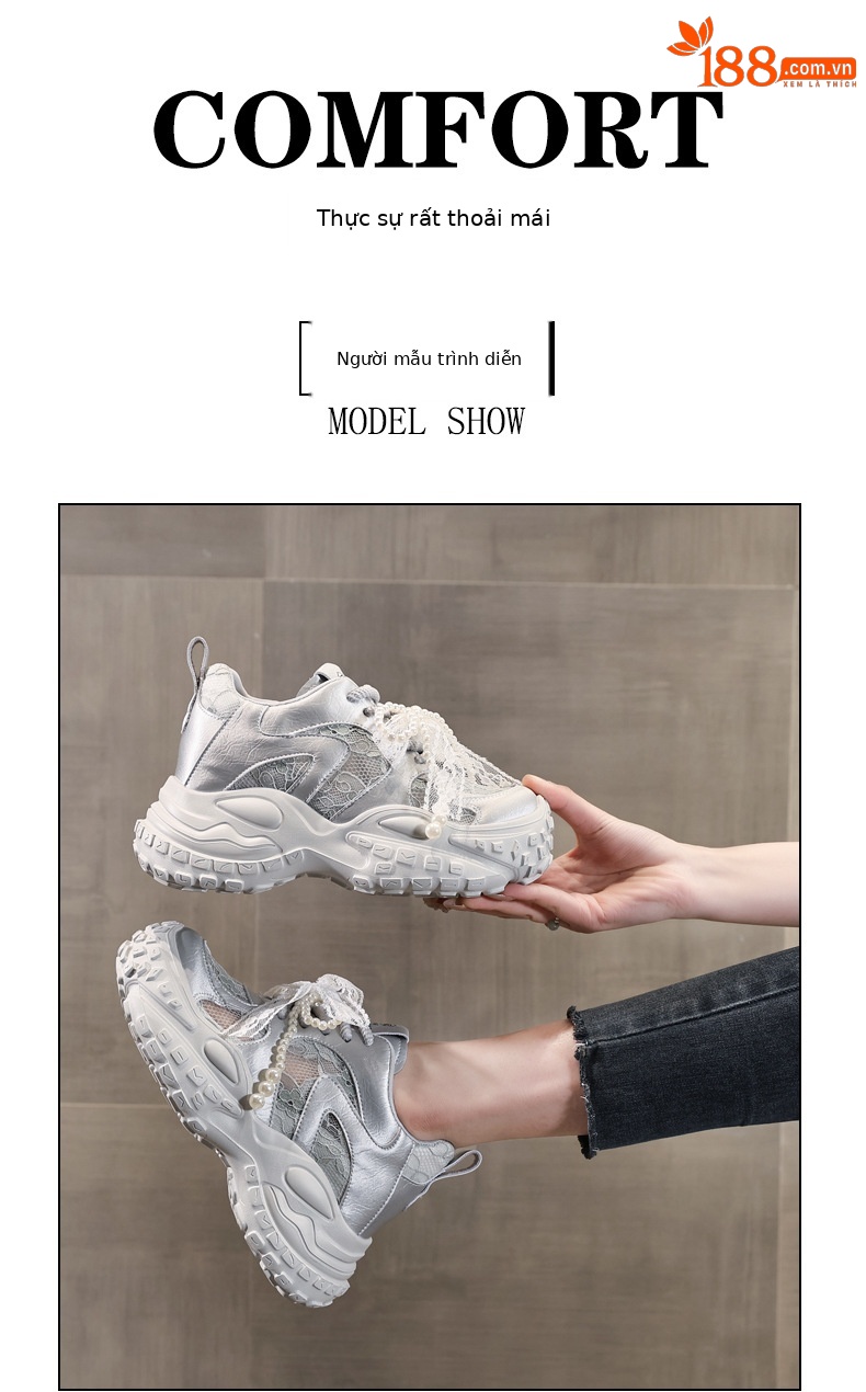 Giày sneaker nữ đế dày tăng chiều cao, phối ngọc trai và nơ, phong cách bánh xốp — Màu be chi tiết 11