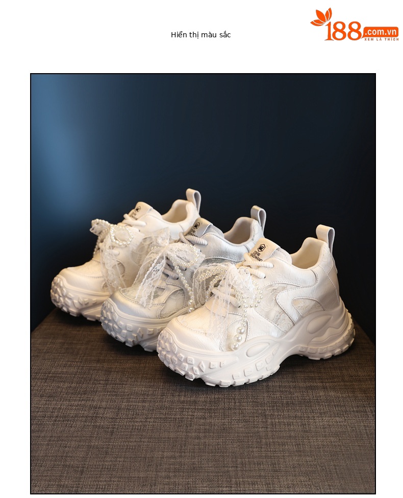 Giày sneaker nữ đế dày tăng chiều cao, phối ngọc trai và nơ, phong cách bánh xốp — Màu be chi tiết 18