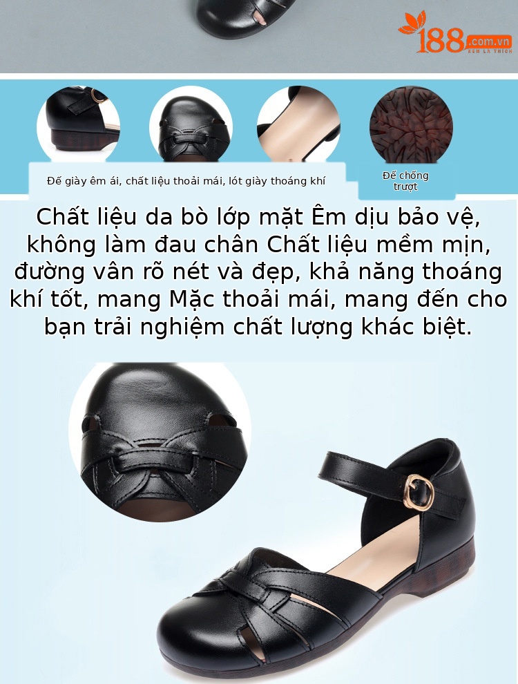 Dép sandal nữ xỏ ngón đế bệt thoải mái cho người già — Màu đen chi tiết 4