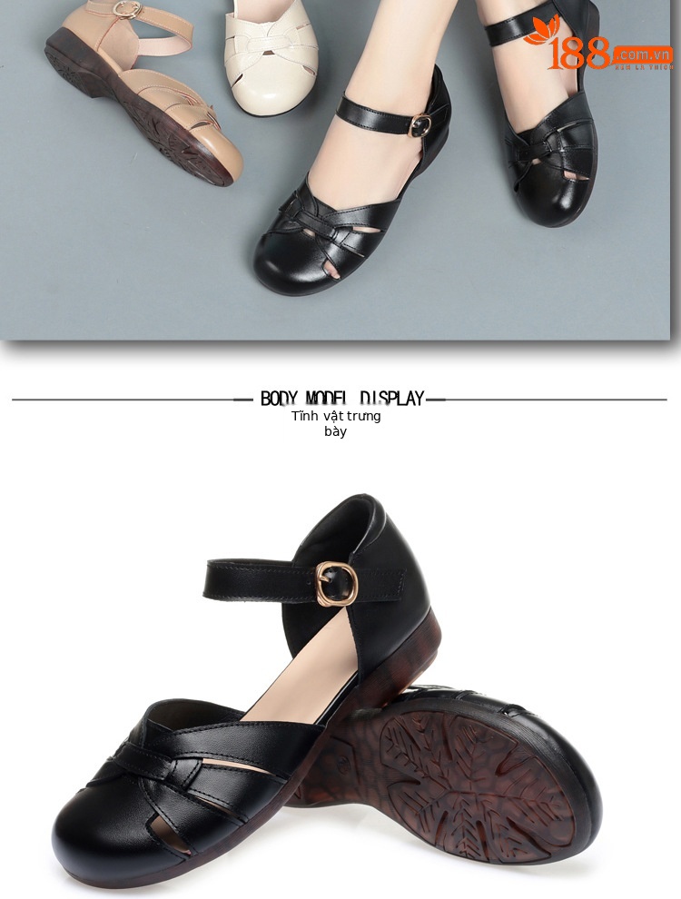 Dép sandal nữ xỏ ngón đế bệt thoải mái cho người già — Màu đen chi tiết 14