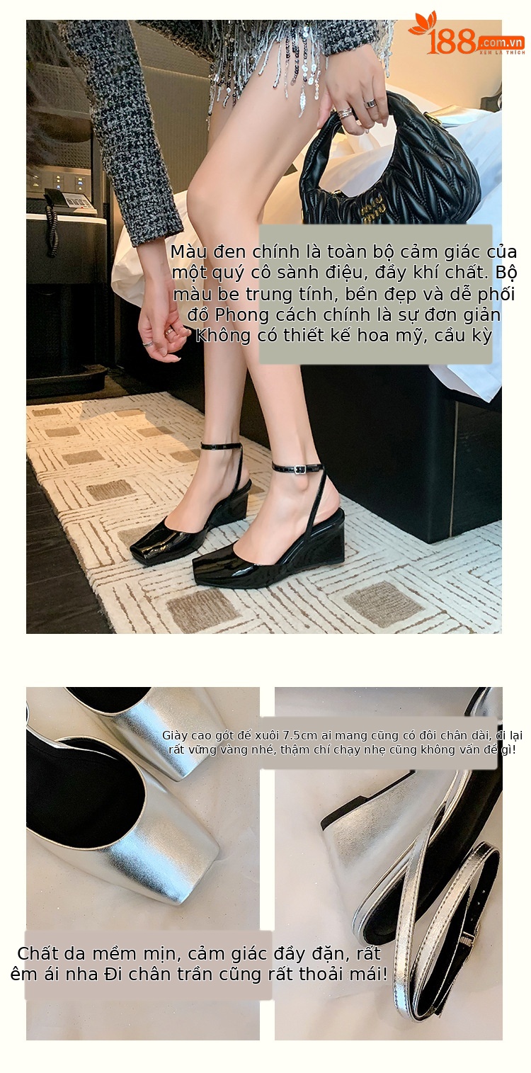 Sandal cao gót nữ mũi vuông quai mắt cá chân, gót xuồng 9 cm — đen, Màu trắng nhạt, bạc chi tiết 3