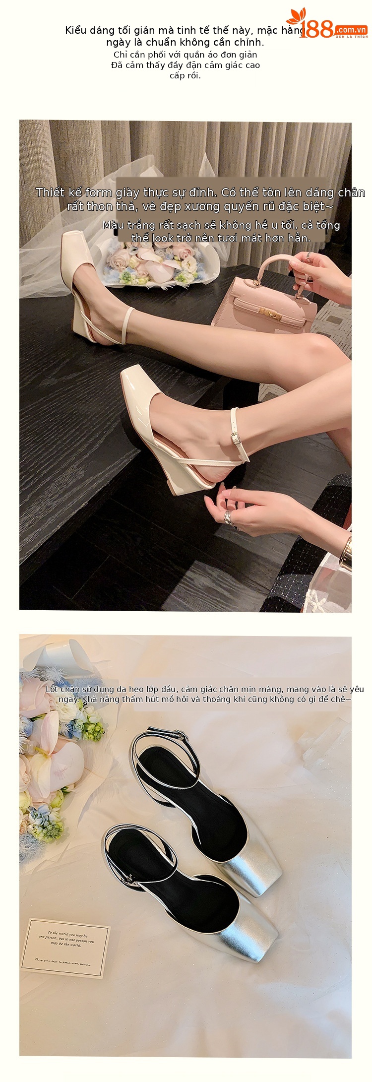 Sandal cao gót nữ mũi vuông quai mắt cá chân, gót xuồng 9 cm — đen, Màu trắng nhạt, bạc chi tiết 4