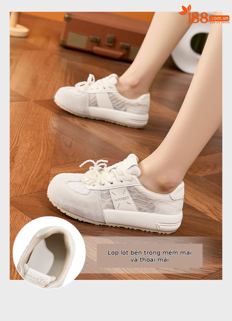 Giày sneaker nữ chạy bộ mesh thoáng đế dày chống trượt gót 3-5 cm — Hình cầu, Bột gạo trắng, Len nguyên chất chi tiết 5