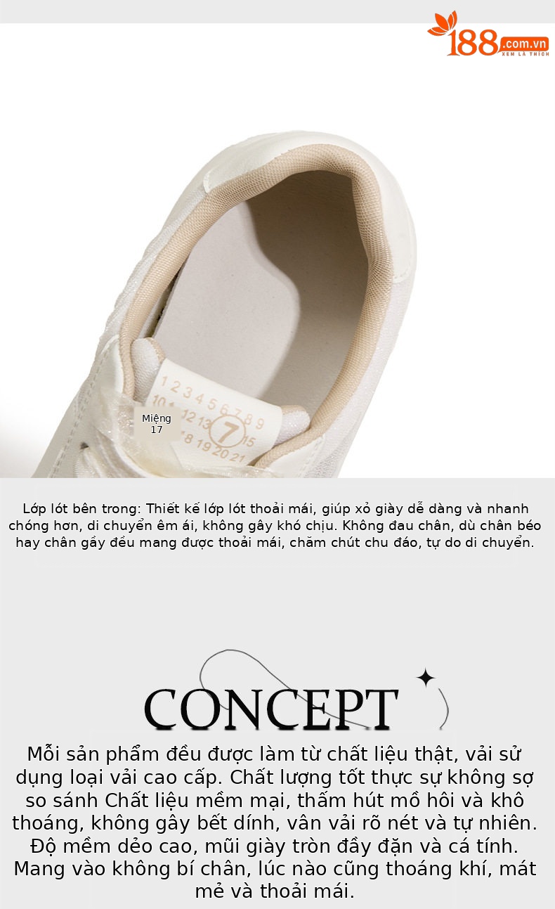 Giày sneaker nữ chạy bộ mesh thoáng đế dày chống trượt gót 3-5 cm — Hình cầu, Bột gạo trắng, Len nguyên chất chi tiết 8