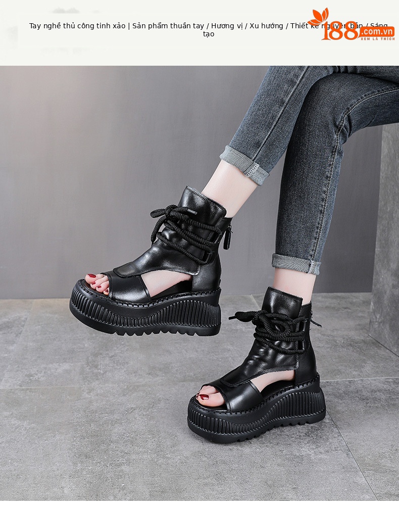 Sandal nữ đế dày da bò kiểu La Mã rỗng tăng chiều cao — đen chi tiết 1