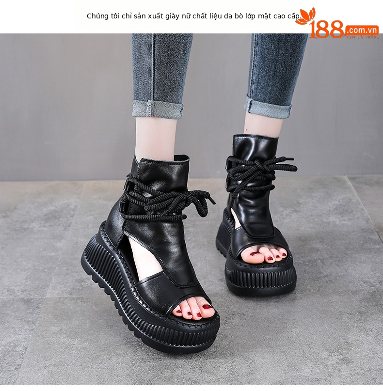 Sandal nữ đế dày da bò kiểu La Mã rỗng tăng chiều cao — đen chi tiết 2